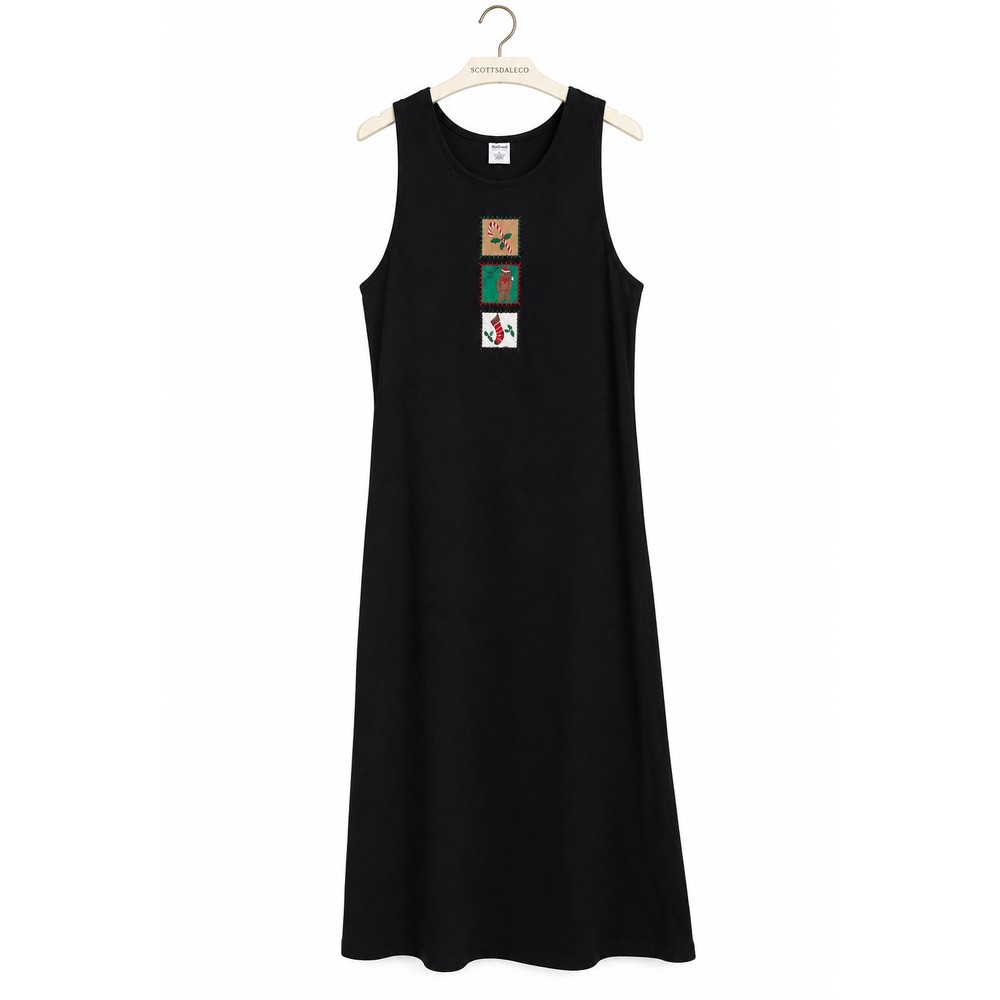 Westbound Christmas Maxi Dress Womens L Black Embroidered Holiday Vintage Cotton